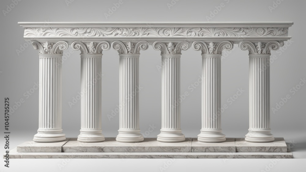 Poster a row of classical white columns with intricate designs, symbolizing architecture and history.