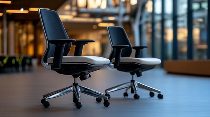 Two modern office chairs with white upholstery and black mesh backrests, standing in a modern office space.