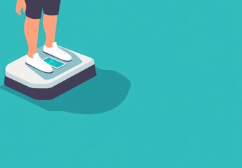 person on scale with green background