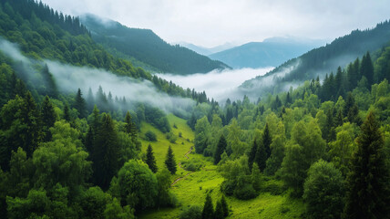 Fototapeta premium Lush green valley surrounded by misty mountains creates serene atmosphere