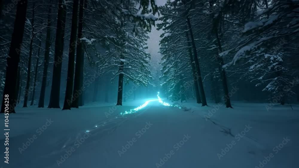 Poster a snowy forest path winds through a dense forest, leading towards a light source at the end.
