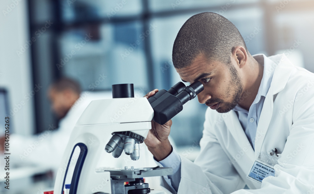 Poster Man, microscope and scientist at lab for test, assessment and blood sample for mpox vaccine development. Person, equipment and research for pharma innovation, medicine or drugs for healthcare crisis