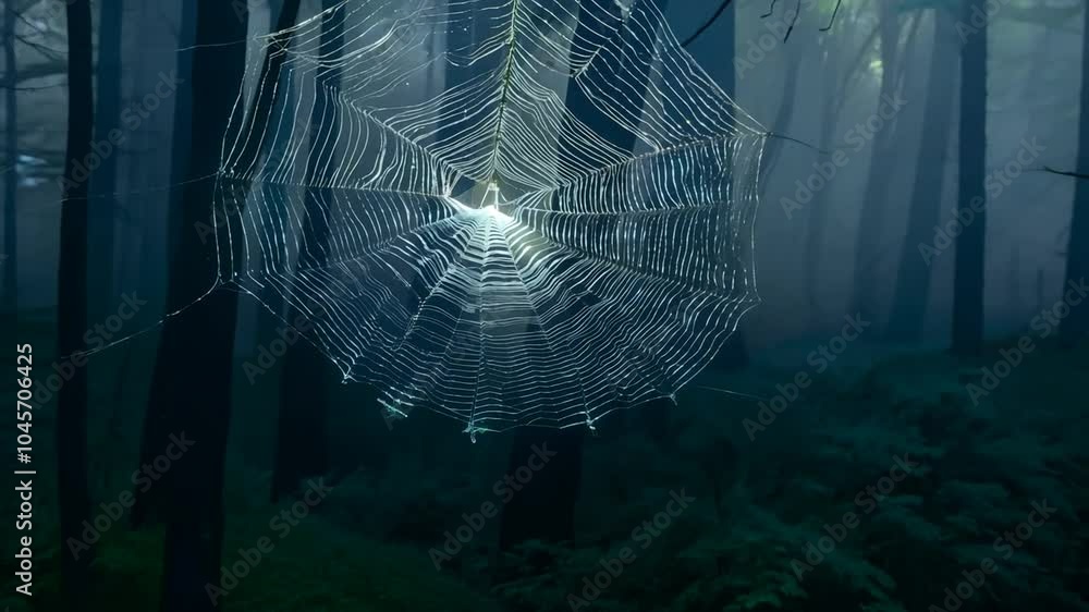 Aufkleber a spider web stretches between trees in a misty forest, creating a delicate and intricate pattern.