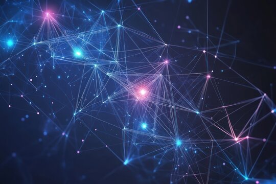 abstract geometric tech pattern with glowing thin lines and dots on dark bakground