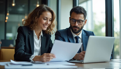 Male and female Caucasian financial advisors use laptop computers to discuss a stock market strategy in a contemporary business. European Managers Collaborate on a Banking Project 
