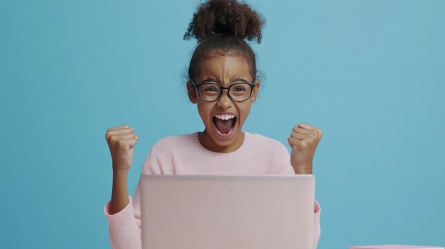 An excited teen girl celebrates success, raising fists in joy while seated at a laptop, embodying happiness and achievement.