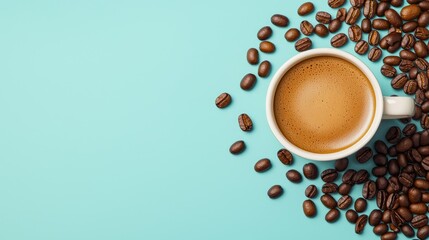 A coffee cup surrounded by roasted beans on a turquoise background creates a vibrant and inviting scene.