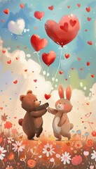 Obraz premium Playful Valentine's Day Card Design with Cartoon Bear and Rabbit Exchanging Heart Balloons