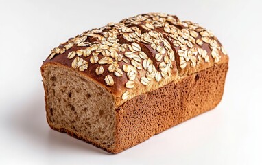 A delicious loaf of whole grain bread, sprinkled with oats and sliced for convenience, isolated on a white background to emphasize its freshness and healthy ingredients 