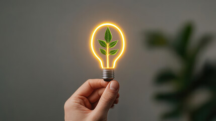 hand holding light bulb with plant inside symbolizes eco friendly ideas and sustainability. This represents innovation and importance of reducing emissions for greener future