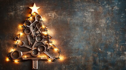 A Christmas tree made of wrenches, string lights, and a star. Industrial holiday card with space for a festive message. 