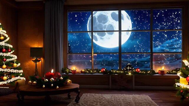 cozy Christmas evening scene featuring beautifully decorated New Year tree warm fireplace set window displaying snowy landscape illuminated full moon 3D snowfall holiday festive december light