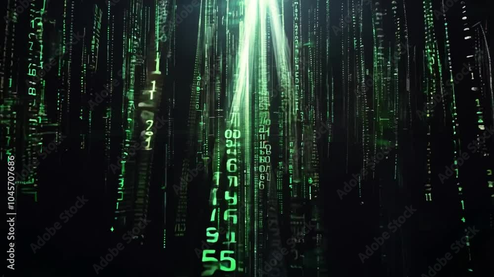 Poster abstract digital background with green code lines and white glowing streaks on a black background.