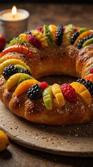 Rosca de Reyes bread topped with assorted fruits on a wooden platter with a candle