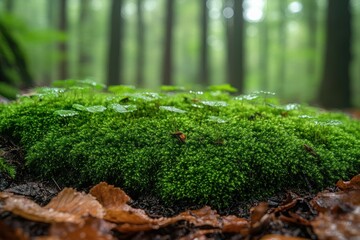 A close-up of lush green moss in a misty forest setting.