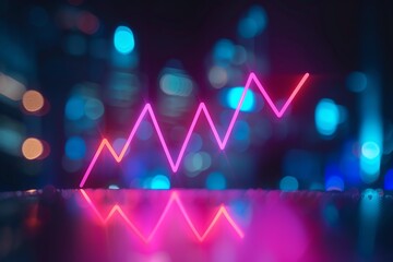 Dynamic neon graph with upward trend on a blurred urban background, symbolizing growth and success in finance and technology.