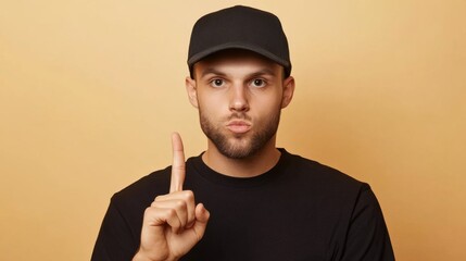 A young man in a casual cap gestures thoughtfully with a finger, conveying curiosity and a moment of deep reflection.