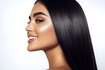 Fototapeta premium Profile of a beautiful woman with long straight black hair, flawless skin, and striking makeup, perfect for beauty, fashion, and hair care promotions.
