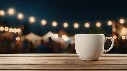 Obraz premium A cozy cup rests on a wooden table, illuminated by warm lights in a festive outdoor setting, evoking a sense of comfort and enjoyment.