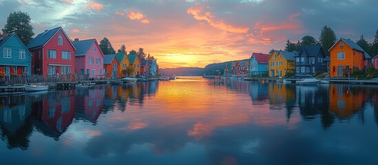 Fototapeta premium A vibrant sunset reflects on colorful houses by a calm waterway.