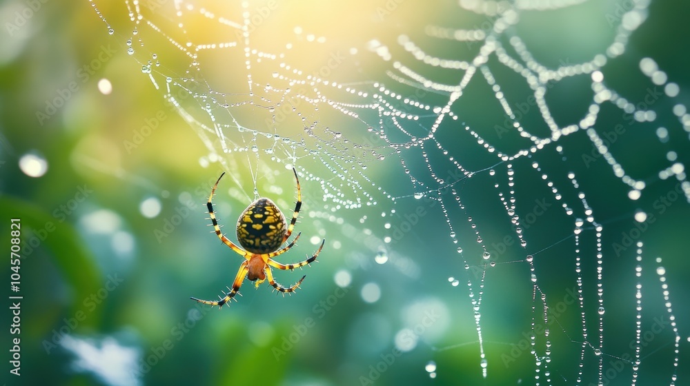 Poster a spider web with a trapped fly, showing the intricate details of the web and the struggle of the pr
