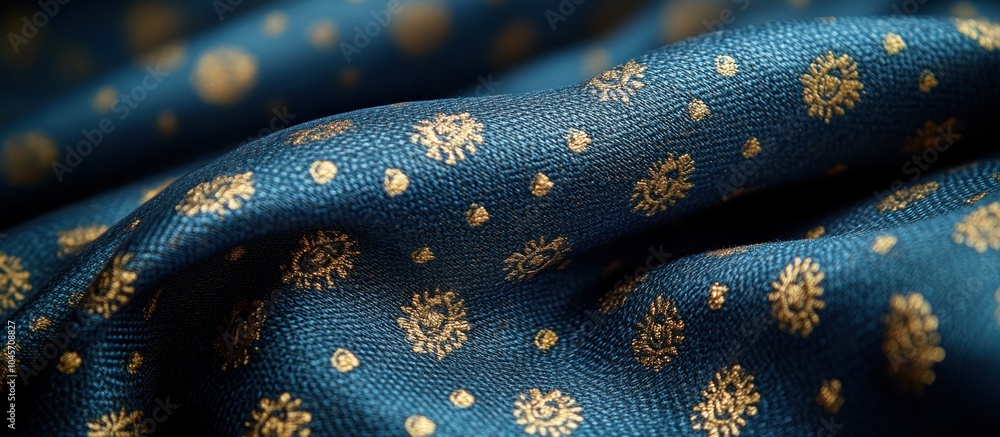 Poster a close-up of textured fabric featuring a blue background with intricate gold patterns.