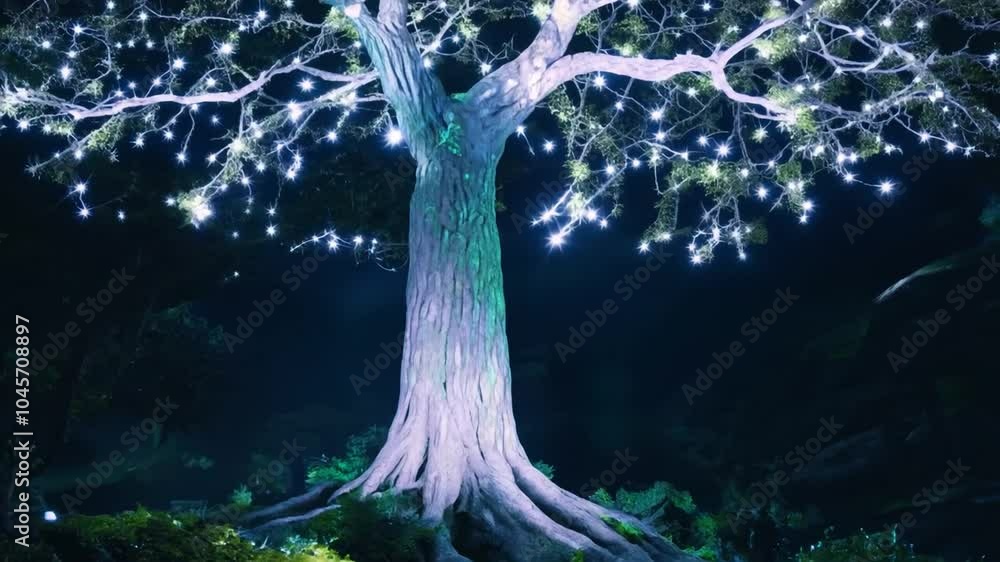 Poster close-up of a tree trunk with exposed roots in a dark, mysterious forest with soft light illuminatin