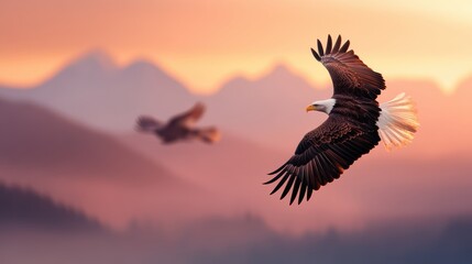 Fototapeta premium A bald eagle soaring high above a mountain range, with a majestic spread of wings and a sense of freedom.
