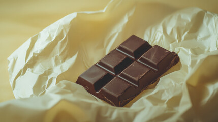 Dark chocolate bar resting on crumpled parchment paper. Minimalistic food photography with a warm...