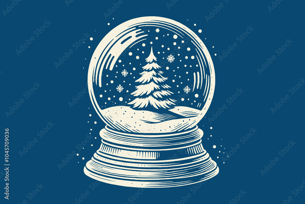 Wall mural snow globe. vintage retro hand drawn vector, engraving emblem, print on a blue background, icon, cut