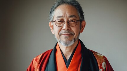 Obraz premium 伝統的な衣装を着て眼鏡をかけ、穏やかな表情をしている年配の男性の肖像画