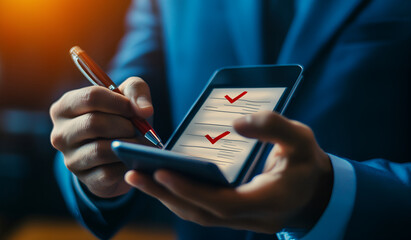 A Businessman Pondering a Question on a Digital Tablet