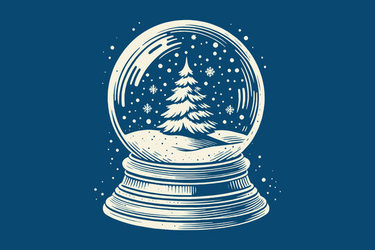 Snow globe. vintage retro hand drawn vector, engraving emblem, print on a blue background, icon, cut out