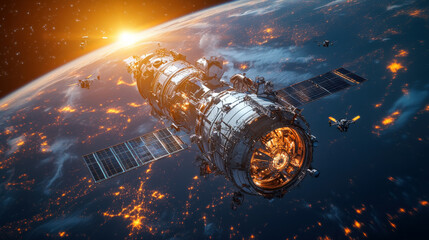 AI-powered space station, orbiting a distant planet with drones working in space