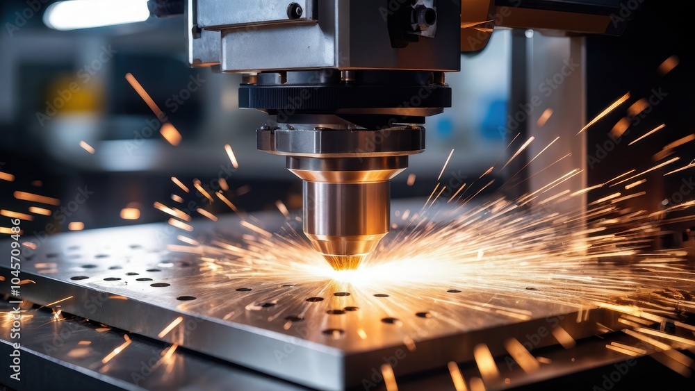 Poster a precision cutting machine creating sparks on a metal surface.