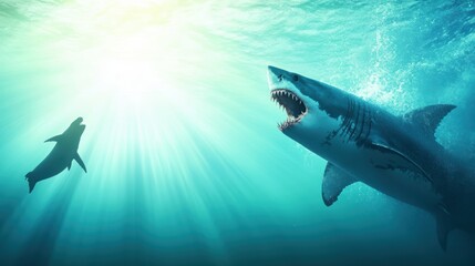 Obraz premium A shark attacking a seal in the ocean, with a dramatic and violent encounter.