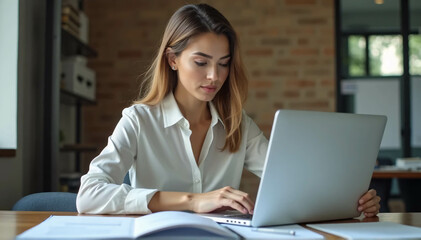 A CEO in her middle years from Europe uses a laptop application to work at her desk in the office. A smiling adult Latina professional businesswoman is utilizing a digital computer. The banner
