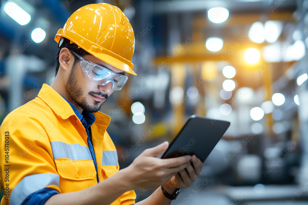 Poster focused industrial worker using tablet in modern factory environment for enhanced productivity and s