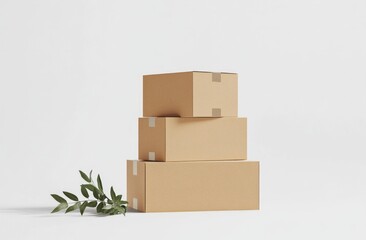 Eco-friendly stacked cardboard boxes with greenery on white background