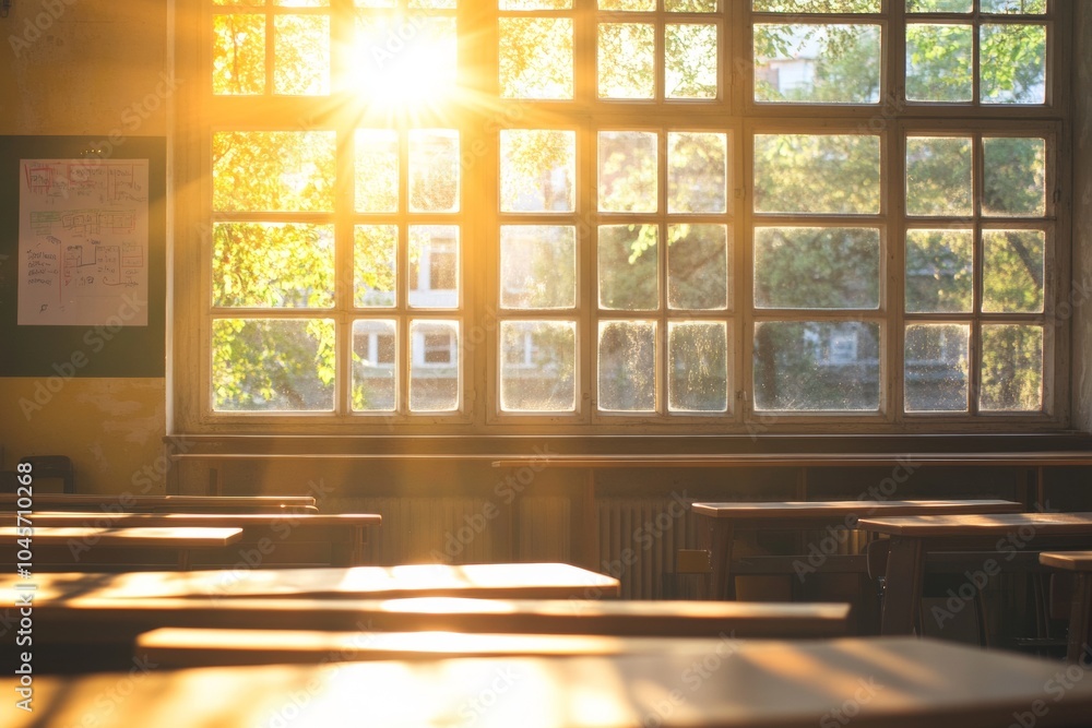 Poster golden sunlight streams through large windows, illuminating the empty classroom filled with wooden d