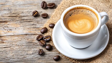 Obraz premium A steaming cup of coffee on a rustic wooden surface, accompanied by scattered coffee beans, evoking a warm and inviting cafe atmosphere.