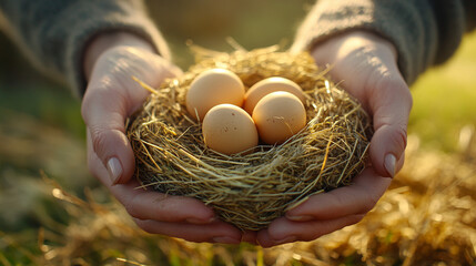hands carefully cradles freshly laid eggs, symbolizing nurture, purity, and abundance. The natural textures evoke simplicity, connection to nature, and organic living