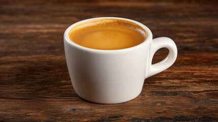Fototapeta premium A white cup filled with coffee, resting on a wooden table, showcasing a rich golden-brown beverage perfect for warm mornings.