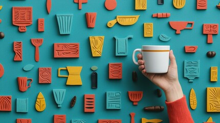 A colorful display of kitchen tools and objects against a bright background, featuring a hand holding a white mug.