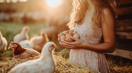 hands carefully cradles freshly laid eggs, symbolizing nurture, purity, and abundance. The natural textures evoke simplicity, connection to nature, and organic living