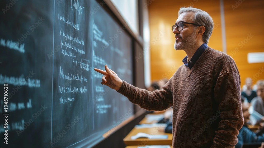 Poster a knowledgeable professor discusses complex mathematical concepts while pointing to notes on a black