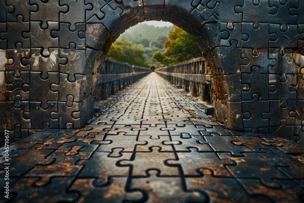 Poster a colorful bridge with numerous puzzle pieces in various shapes and sizes
