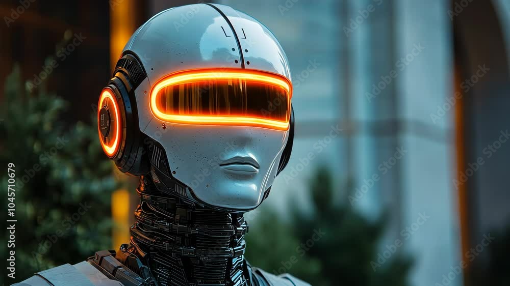Wall mural robot activating a high-tech visor in a futuristic urban setting