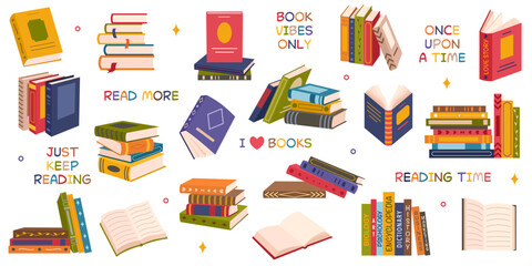 Cute colorful book collection. Set of different stacks and piles of books, open and closed books. Educational theme, scientific and fiction literature. Vector illustration isolated on white background