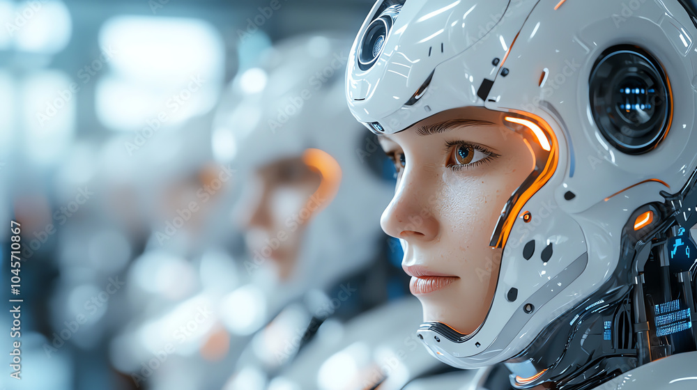 Poster exploring the future of robotics a close-up on human-like androids and their impact on society